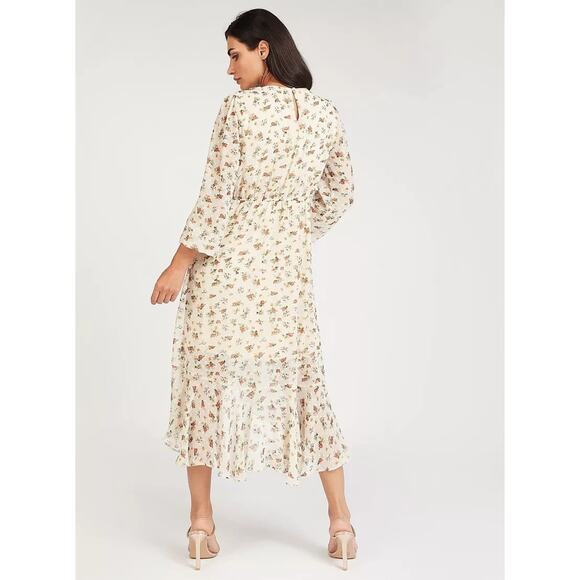 SPLASH Floral Dots Sheer Long Sleeves Ruffle Dress Ivory Green Orange Lined 14 - Picture 3 of 15